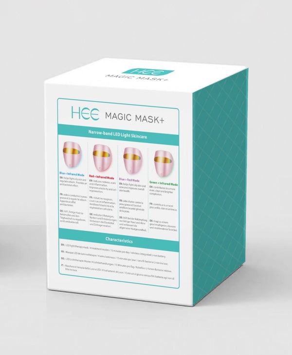 Rear packaging of HEE Magic Mask Plus showing LED light therapy modes and product information