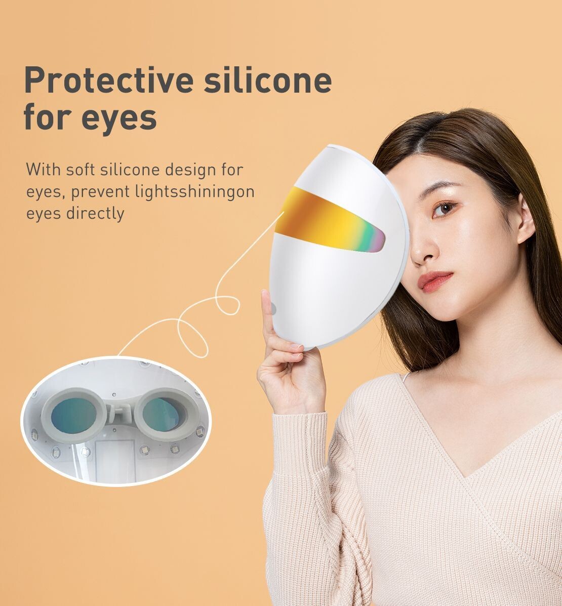 Magic Mask LED facial mask showing protective silicone eye inserts and ergonomic design