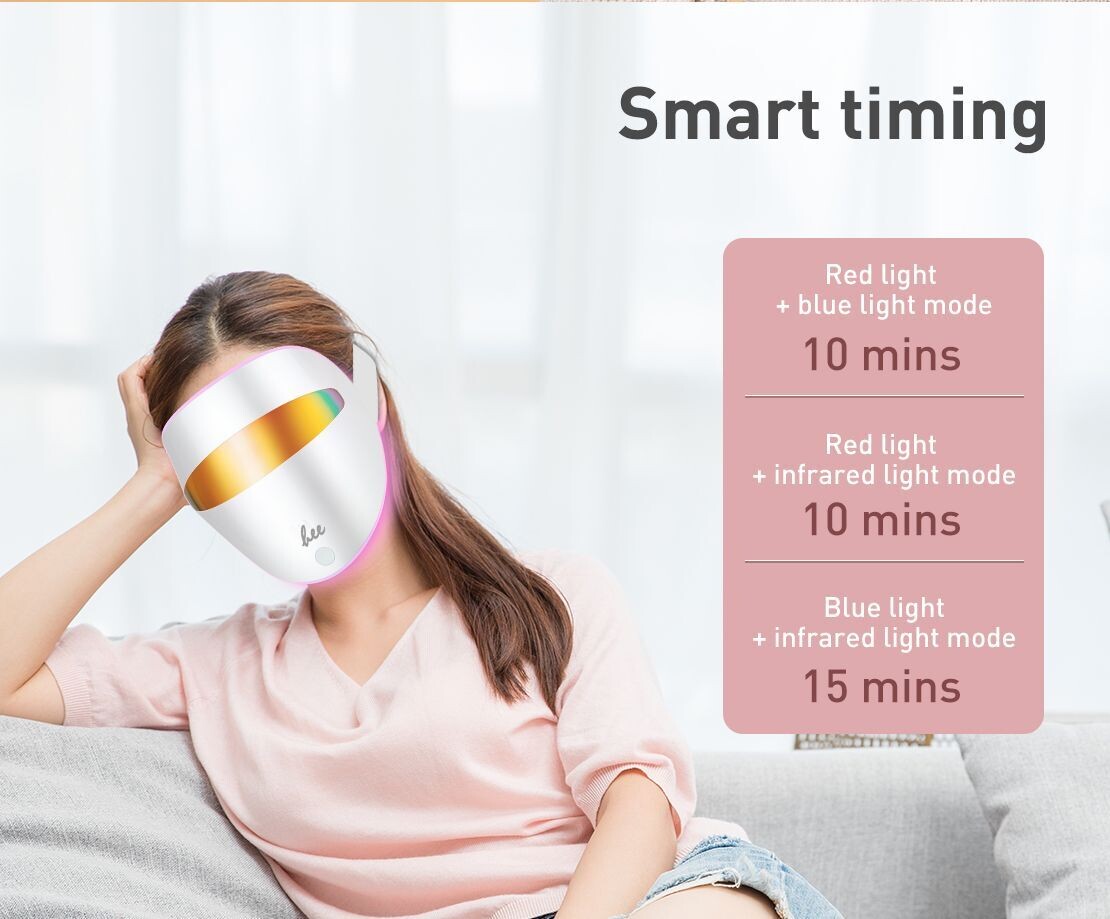 Magic Mask LED light therapy facial mask showing red, blue and infrared treatment timer settings