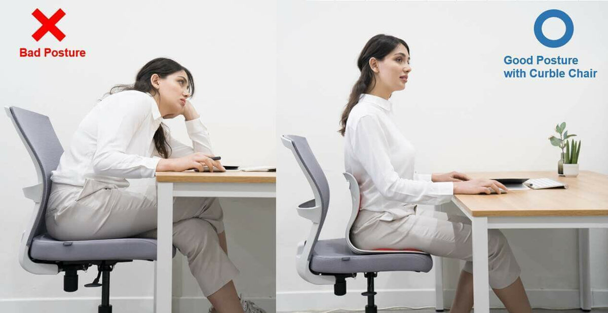 Comparison of bad and good posture at a desk with Curble Chair