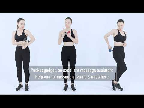 Hi5 Mini Massager demo video showing compact mini portable massage gun, 3 speed levels, interchangeable massage heads, USB-C charging and portable design
