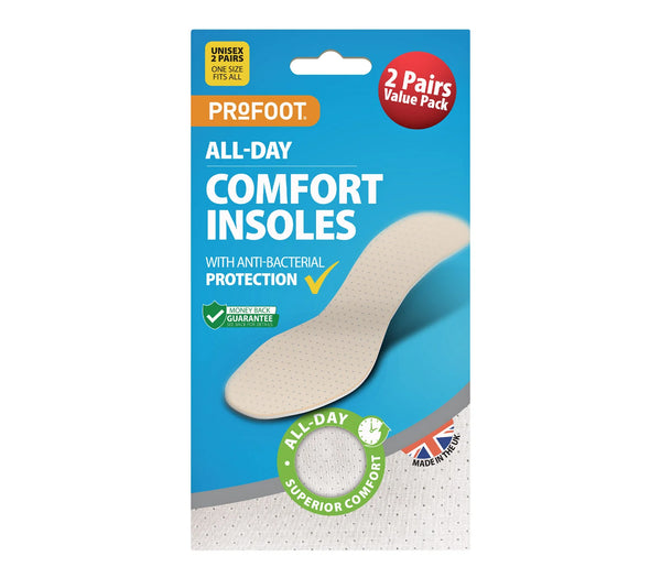 ProFoot All Day Comfort Insoles front packaging showing lightweight cushioned insoles with Ultra-Fresh protection, 2 pairs