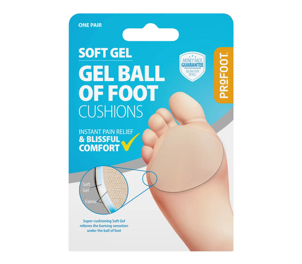 ProFoot Gel Ball of Foot Cushions front packaging showing soft gel metatarsal pads for ball of foot pain relief