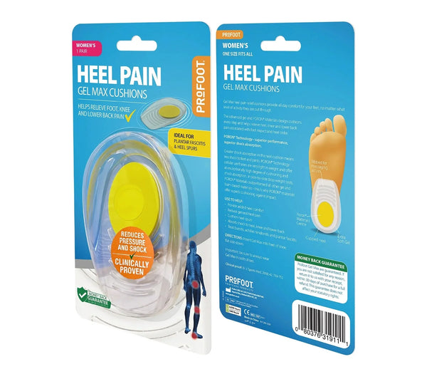 ProFoot Gel Max Heel Cushions for Women showing front and back packaging with gel heel pads and PORON cushioning