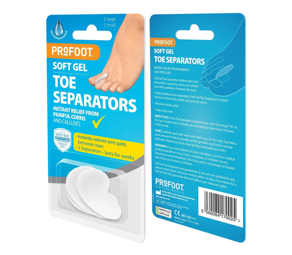 ProFoot Soft Gel Toe Separators front and back packaging showing 3 gel toe spreaders for overlapping toes, corns and calluses