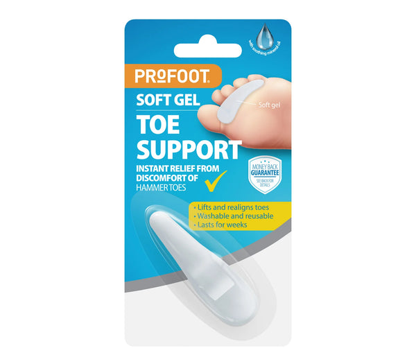 ProFoot Soft Gel Toe Support front packaging showing gel hammer toe support for relieving pressure and discomfort