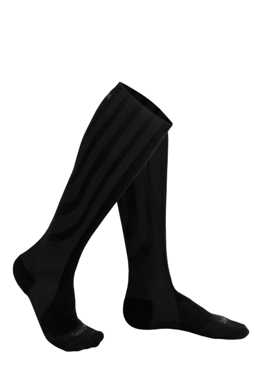 SANKOM Patent Active black knee-high compression socks showing front and side views